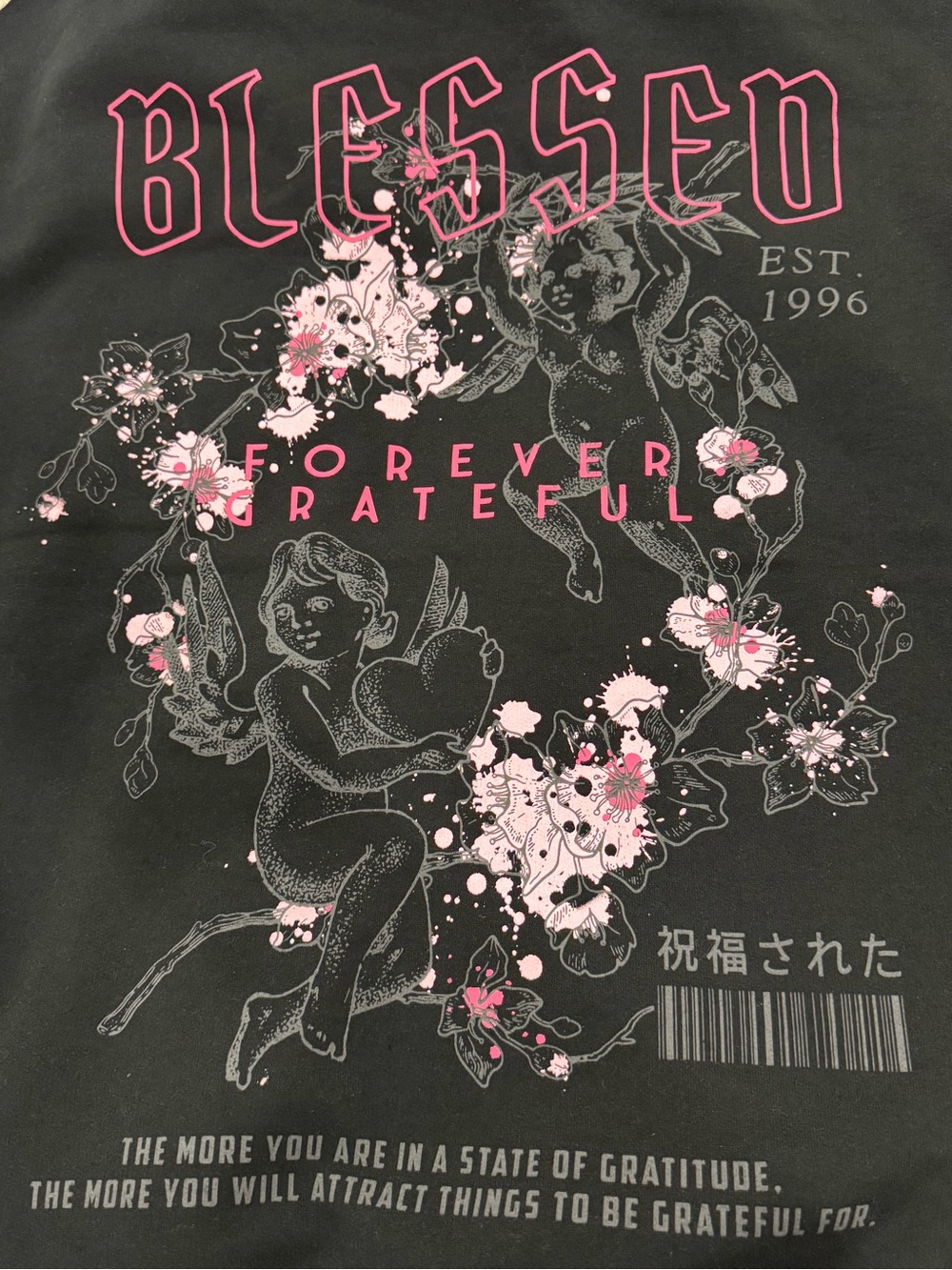 Blessed Forever Grateful Graphic Hoodie - Black with Pink Accents Men’s small
